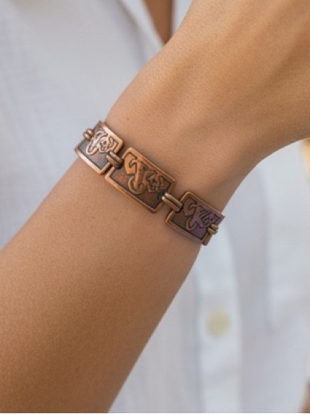 VINTAGE SOLID COPPER PANEL LINK BRACELET Antiqued Southwestern Embossed Art Deco